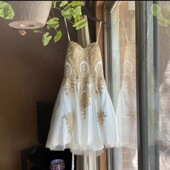 prom dresses white and gold short One Shoulder Beaded Peak Dress – SANDY NOUR main image 0